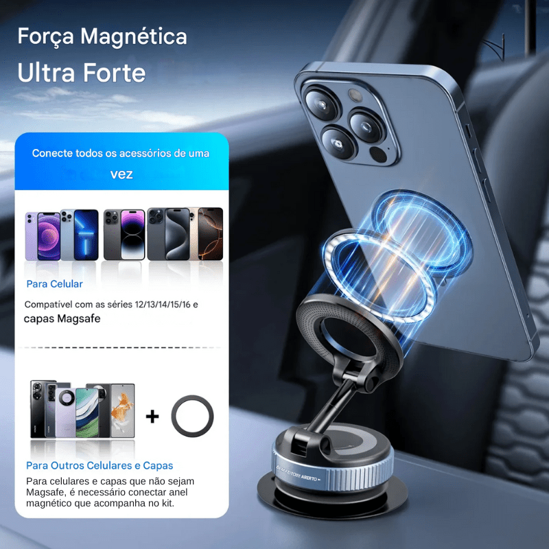 Suporte de celular para carro MagSafe 360° com ventosa à vácuo - Loja Descontou!